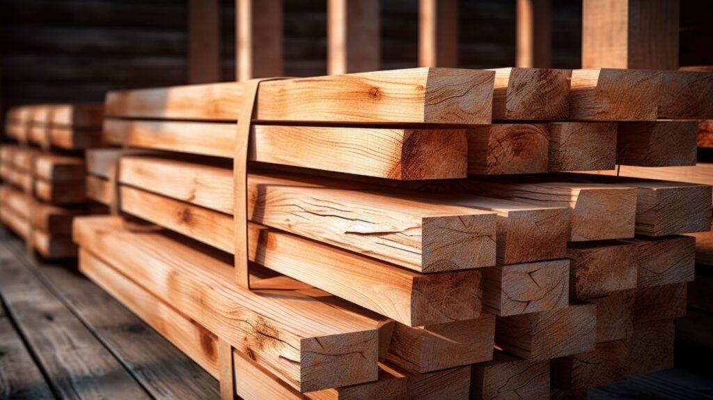 Gestapeltes Bauholz, sorgfältig gebündelt und auf einem Holzlager aufgeschichtet, um eine gleichmäßige Trocknung und Lagerung zu gewährleisten.