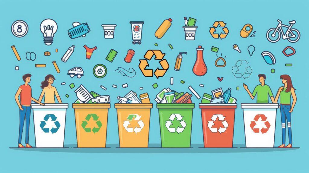 Illustration von Menschen, die ein Mülltrennsystem nutzen, um verschiedene Abfälle in farblich gekennzeichnete Recyclingbehälter zu sortieren. Verschiedene Recycling-Symbole und Alltagsgegenstände schweben darüber und verdeutlichen die Wichtigkeit der korrekten Mülltrennung.