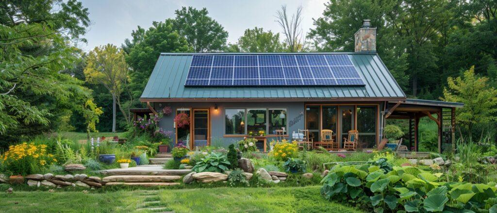 Ein modernes Haus mit grünem Metalldach, auf dem Solarpaneele installiert sind, umgeben von einem üppigen Garten mit bunten Blumen und viel Grün. Das Haus steht inmitten einer ruhigen, bewaldeten Umgebung und spiegelt nachhaltiges und umweltfreundliches Wohnen wider.