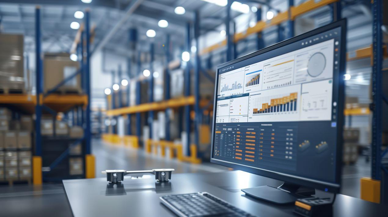 Monitor mit Echtzeit-Dashboard für digitale Lagerverwaltung, im Hintergrund moderne Lagerregale mit Produkten.