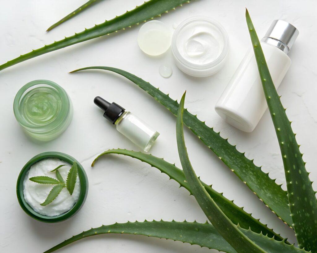 Verschiedene Pflegeprodukte mit Aloe Vera, darunter Gel, Cremes und Lotionen – natürliche Alternativen für Hautpflege, ergänzend zu Bienengiftsalbe Erfahrungen.