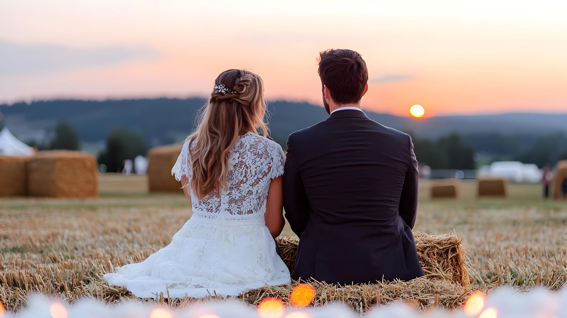 Paar sitzt auf Strohballen bei Sonnenuntergang | Hochzeit Bauernhof

