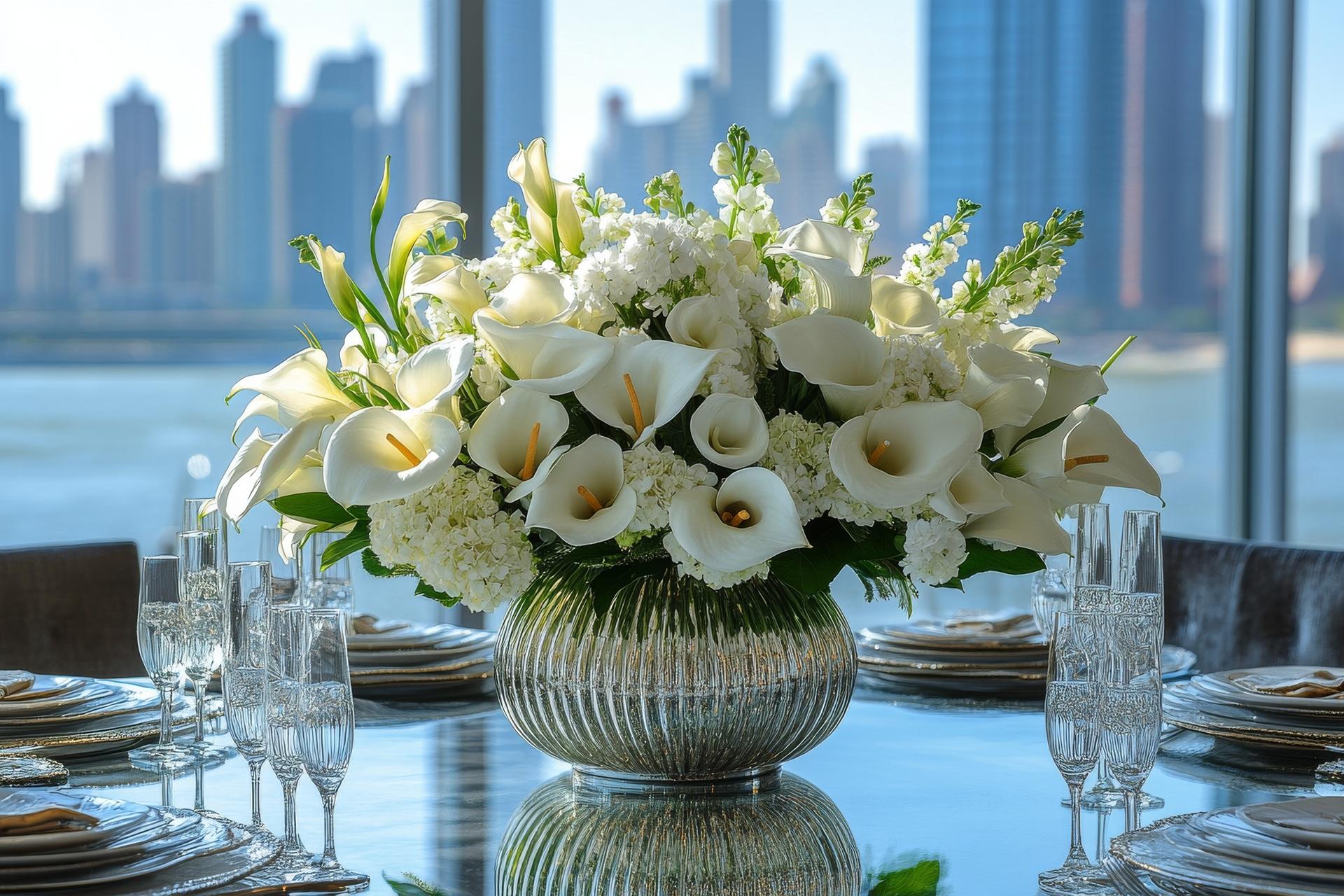 Weiße Blumen auf Hochzeitstisch mit Blick auf Stadt | Hochzeit Bauernhof

