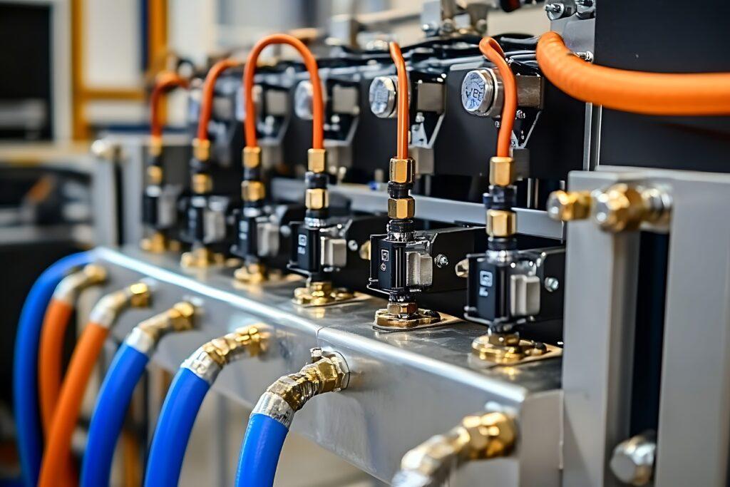 Temperaturbeständiger Schlauch im industriellen Einsatz an Kühlsystemen mit Druckverbindungen und Verteilereinheit