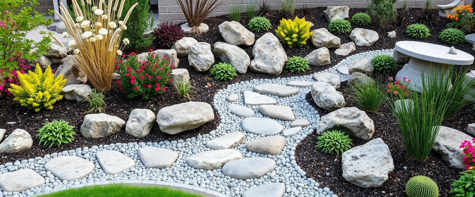 Gestalteter Steingarten mit Pflanzen und Steinweg | Pflanzkübel transportieren